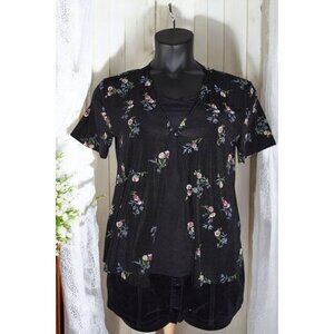 Black Floral Connected Two-in-One Top Short Sleeve Lightweight Cottagecore Y2K M